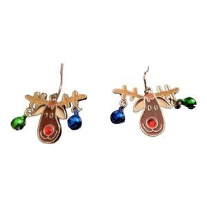 Christmas Reindeer Blue Green Dangle Pierced Earrings  Rudolph